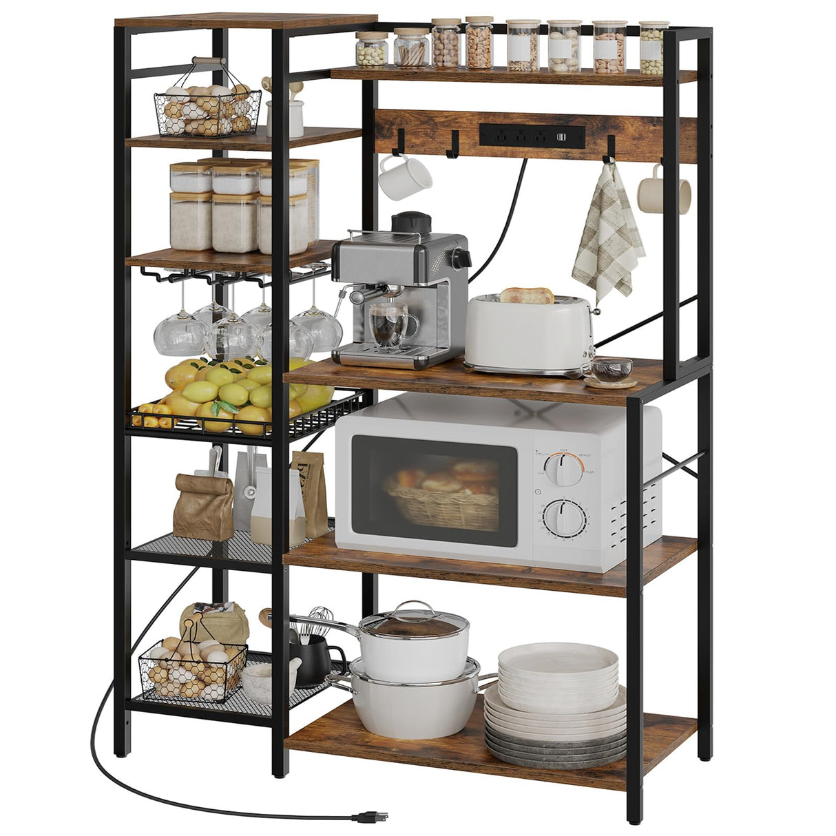 HOOBRO Bakers Rack with Power Outlet, 35.8 Inches Kitchen Microwave Oven Stand Storage Shelf with Goblet Holder, Coffee Bar with LED Lights, and Wire Basket, Rustic Brown and Black BF90UDHB01 HOOBRO