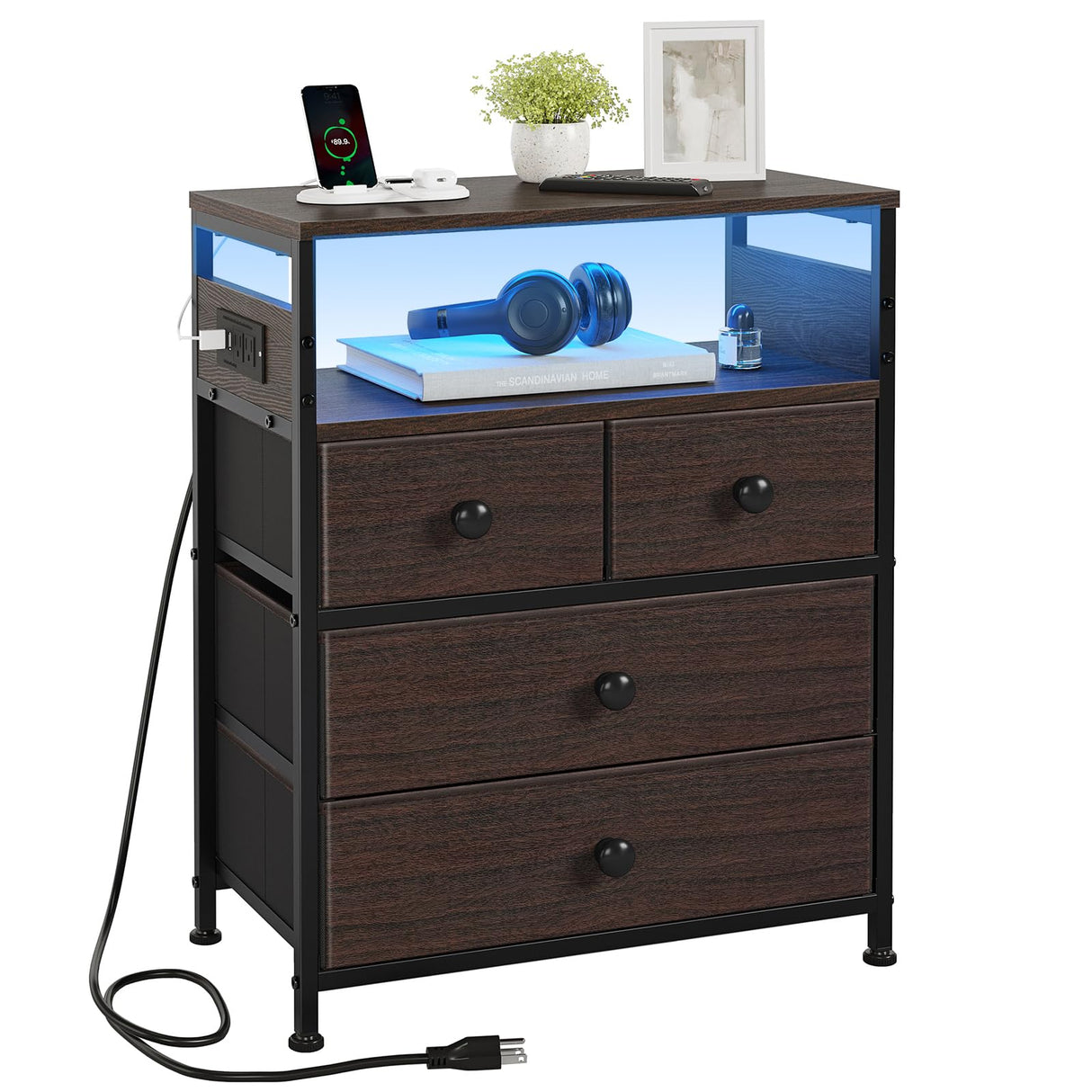 REAHOME Nightstand with Charging Station, Bedside Table with 4 Drawers and 2-Tier Shelf, Modern End Table with Wooden Top for Bedroom, Living Room, Hallway-Rustic Brown REAHOME