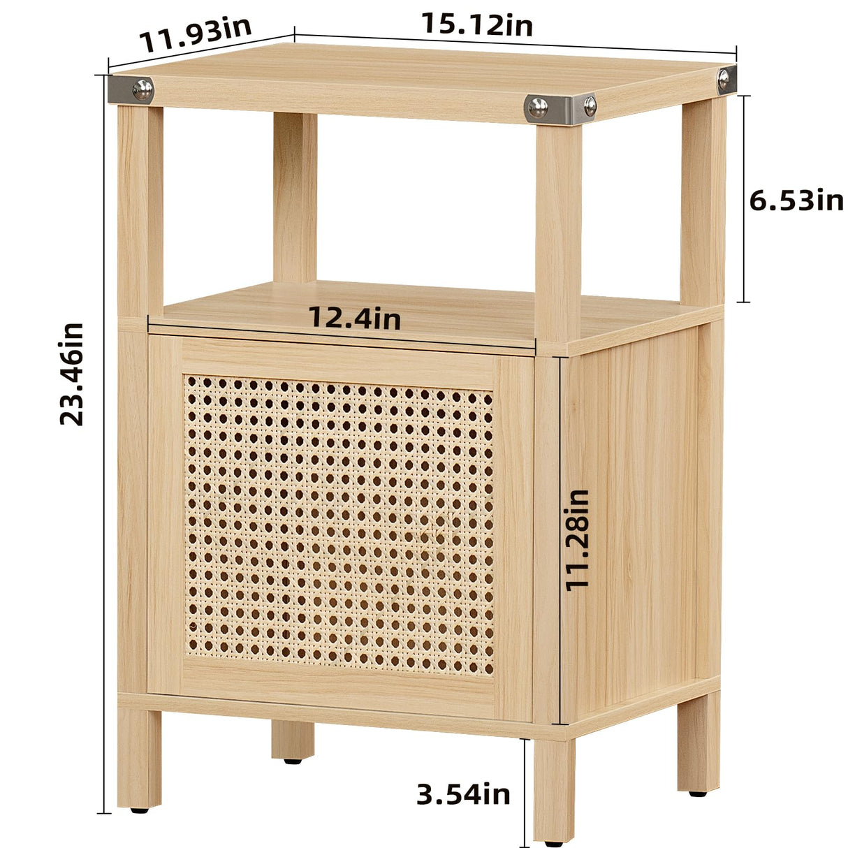 Lerliuo Rattan Nightstand, Boho Side End Table with Handmade Natural Rattan Decorated Door and Open Shelf, Wood Accent Night Stand with Storage, Bedside tables for Bedroom, Living Room (Natural) Lerliuo