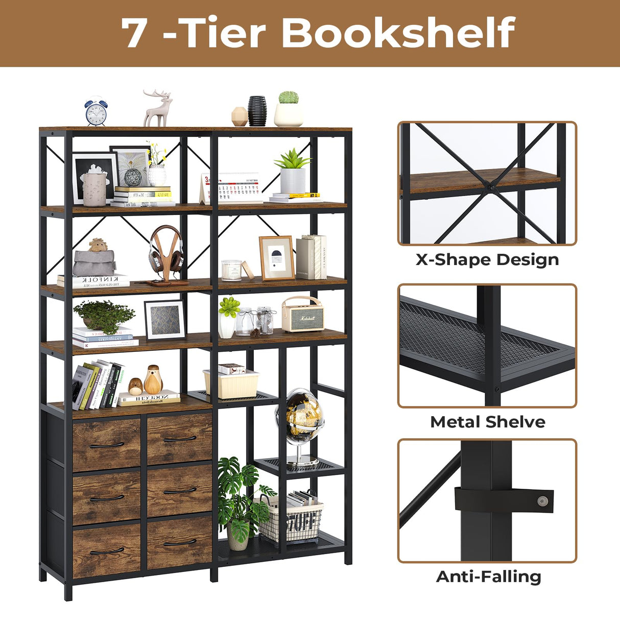 HAUOMS Corner Bookshelf, 7-Tier Industrial Convertible Book Shelf with 6 Fabric Drawers, Corner Bookcase Freestanding Display Shelf for Living Room, Kitchen, Home Office, Rustic Brown HAUOMS