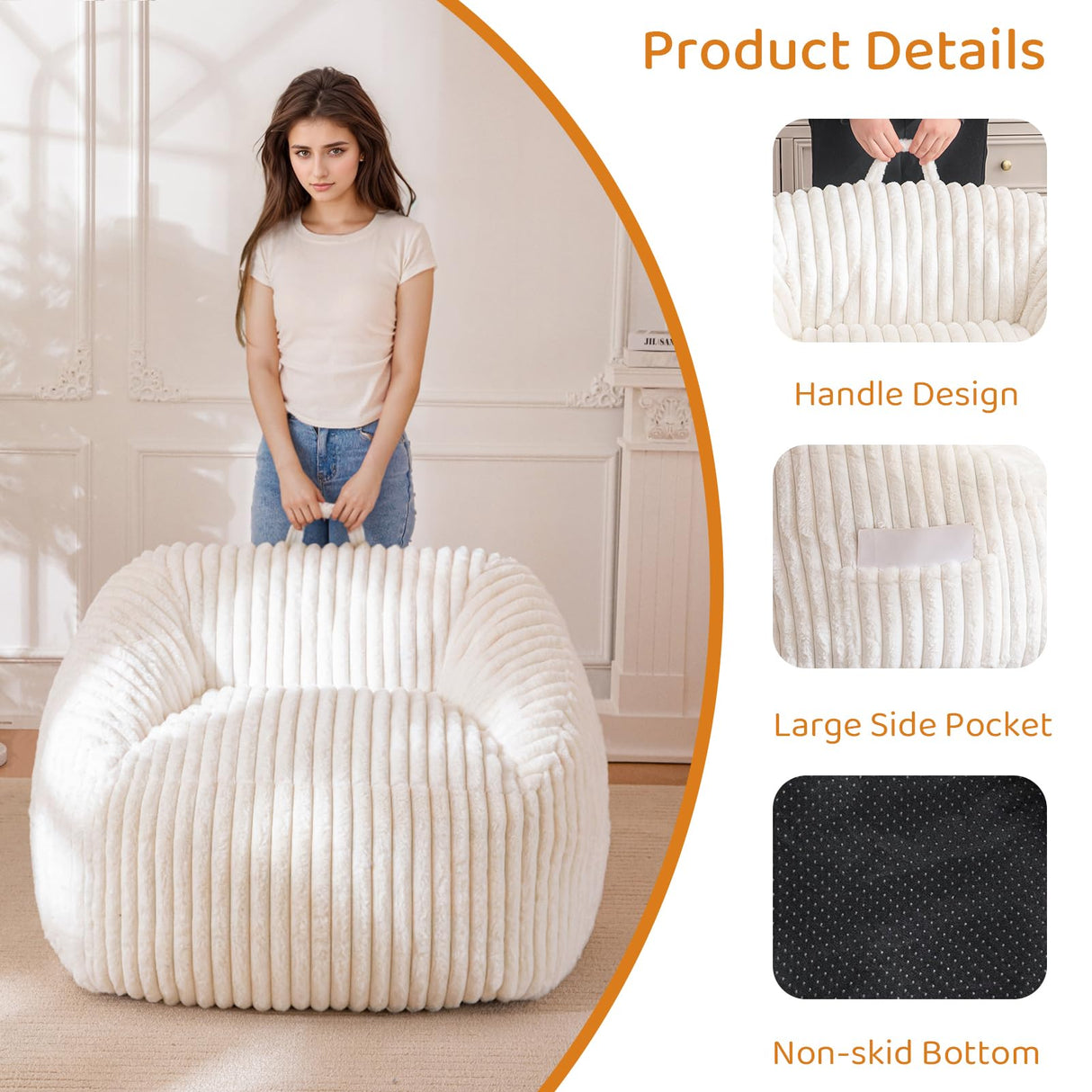 BYBYME Giant Bean Bag Chair for Adults and Kids, Large Comfy Cozy Beanbag, Floor Sofa for Teens, Living Room, Gaming, Reading, Beige BYBYME