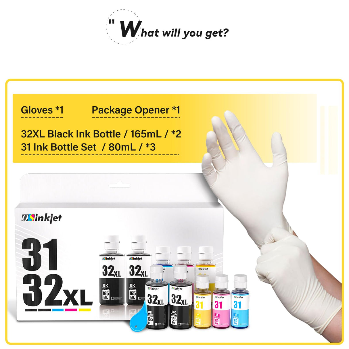 Osinkjet 31 Ink Bottle Set, 32XL Black Ink Bottle Compatible for HP Smart Tank 7602 6001 5101 5000 7300 7301 520 580, 31 32xl Ink Bottles Set for Smart Tank Plus 651 551 Ink Refill Osinkjet