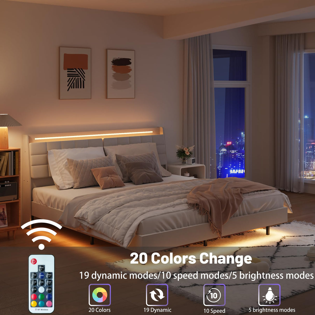 Dreamy Floating King Bed Frame with LED Lights & USB Charging, Beige Upholstered Design Klwenas Maec