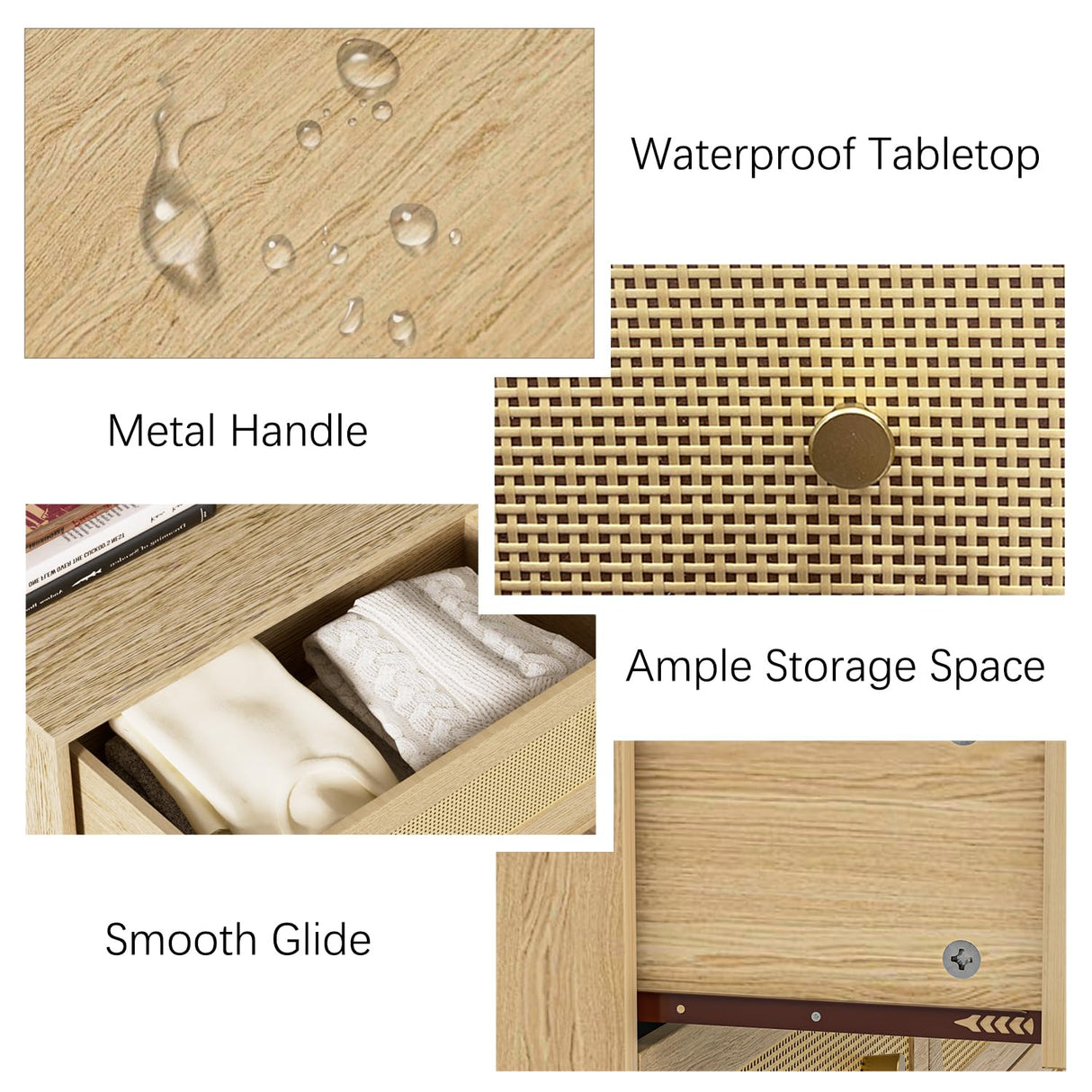 Wananlanen Rattan 6 Drawer Dresser for Bedroom, Wood Boho Double Chest of Drawers with Storage and Gold Handle, Modern Natural Rattan Dresser for Living Room, Kids Bedroom, Hallway, Entryway Wananlanen