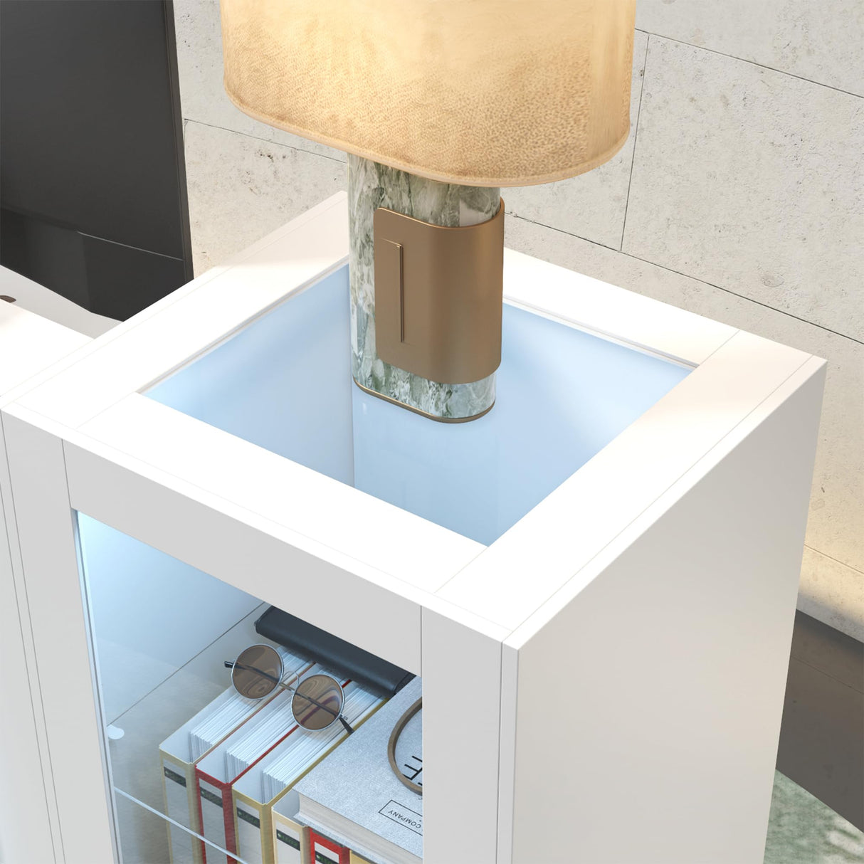 WOODTIME Reception Desk with LED Light & Keyboard Tray, Retail Counter with Cabinet & Glass Adjustable Shelves, Checkout Counter Table for Office Clinic Retail Lobby Salon, White WOODTIME