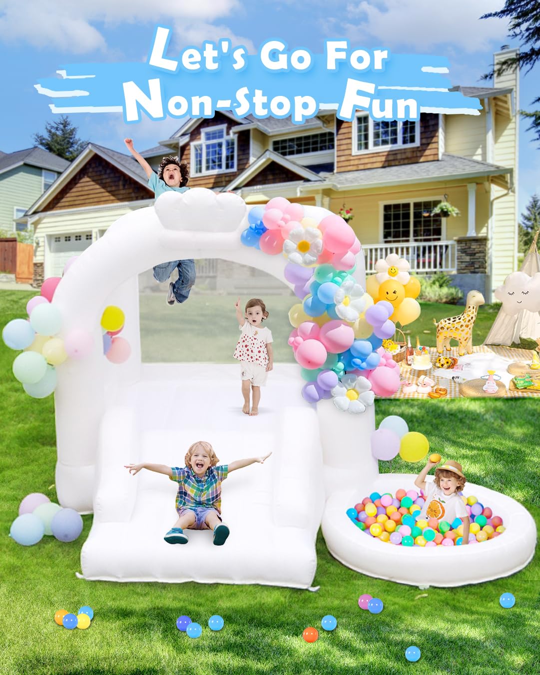 White Bounce House, Inflatable Bounce House with Slide&Ball Pit,11x11FT Inflatable Bounce Castle with Air Blower for Wedding Party Kids Birthday Party, Durable Oxford Cloth… (White Bounce House) Step4Fun