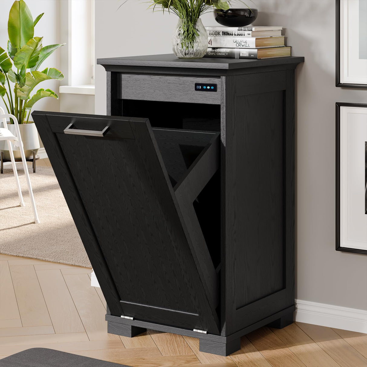 XM-ICE Tilt Out Trash Cabinet with Deodorisation, Wooden Trash Can Cabinet with Door Kitchen Hamper Cabinet for Kitchen Dog Proof, Dining Room and Laundry Room, 10-Gallon, Black XM-ICE