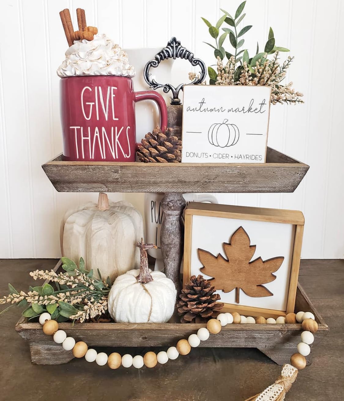 Felt Creative Home Goods Rustic Wood Two Tiered Tray Rectangle 2 Tier Serving Tray for Coffee Bar, Kitchen Counter, Dining Room Table, Cupcake Stand, Holiday and Farmhouse Decor (Rustic Brown) Felt Creative Home Goods