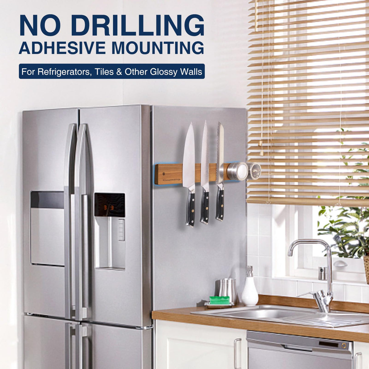 Gourmetop Magnetic Knife Holder for Wall, Knife Magnetic Strip No Drilling 16.5″, Kitchen Magnetic Knife Holder for Refrigerator, Wood Magnetic Knife Rack/Bar for Fridge Gourmetop