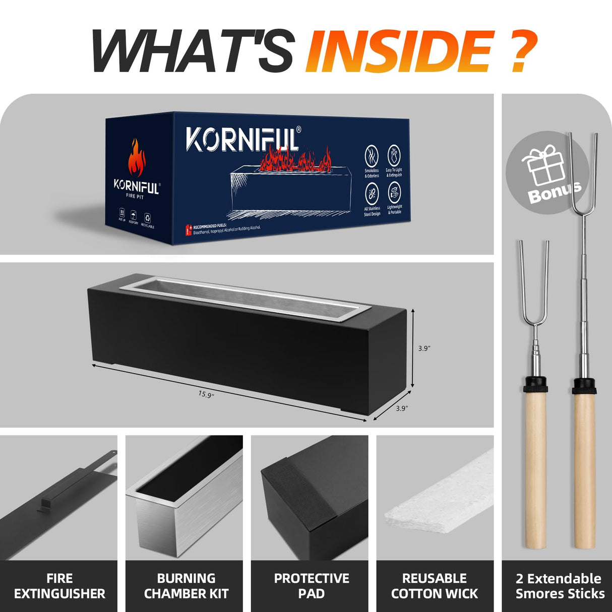 KORNIFUL Tabletop Fire Pit with S’Mores Maker Kit – Large Indoor & Outdoor Portable Fireplace for Patio, Balcony, Holiday Parties, Family Gatherings & Friday Nights – Premium Table Top Firepit KORNIFUL