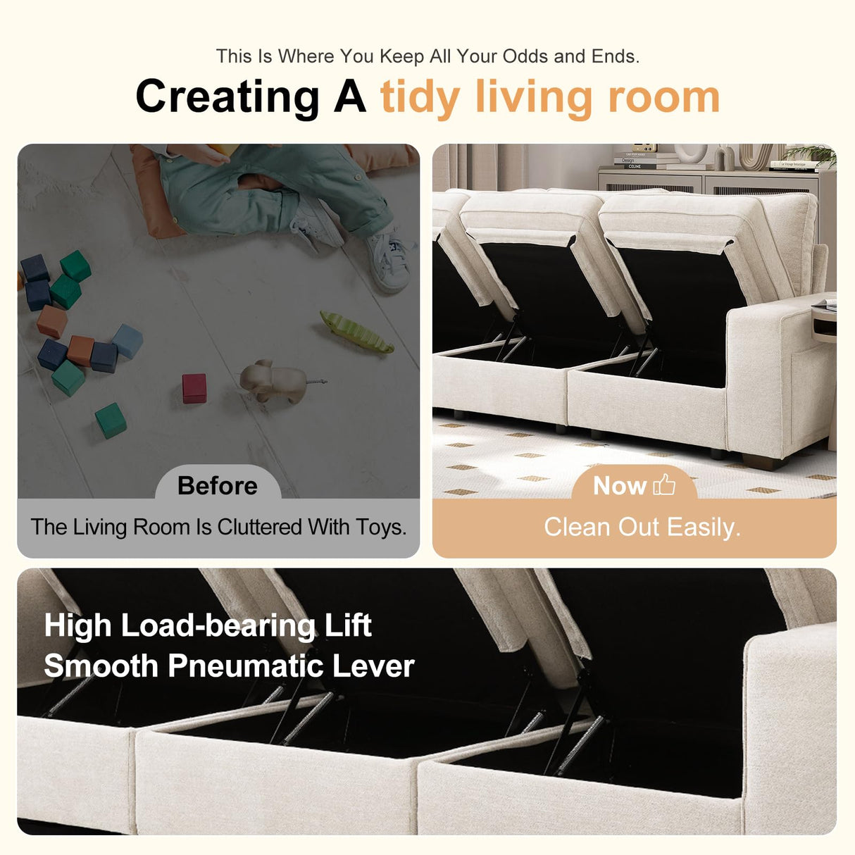 COOSLEEP 3 Seater Sofa Couch with Storage Layer, Removable and Washable Cushion Cover, Modern Sofa-100 Sofa with Solid Frame up to 1200Lbs, Couches for Living Room, Beige Chenille COOSLEEP HOME