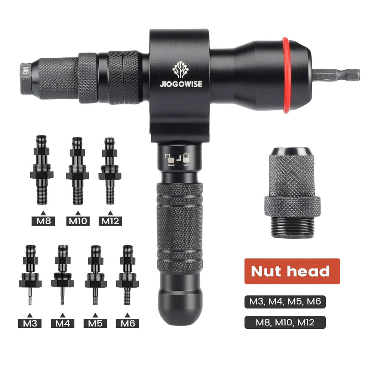 JIOGOWISE 2-in-1 Design Cordless Rivet Gun Adapter and Rivet Nut Adapter,Electric Drill Tools Accessory Kit with Carry Case,7 Metric Mandrels M3 to M12, 6 Rivet Heads 2.4mm to 6.4mm JIOGOWISE