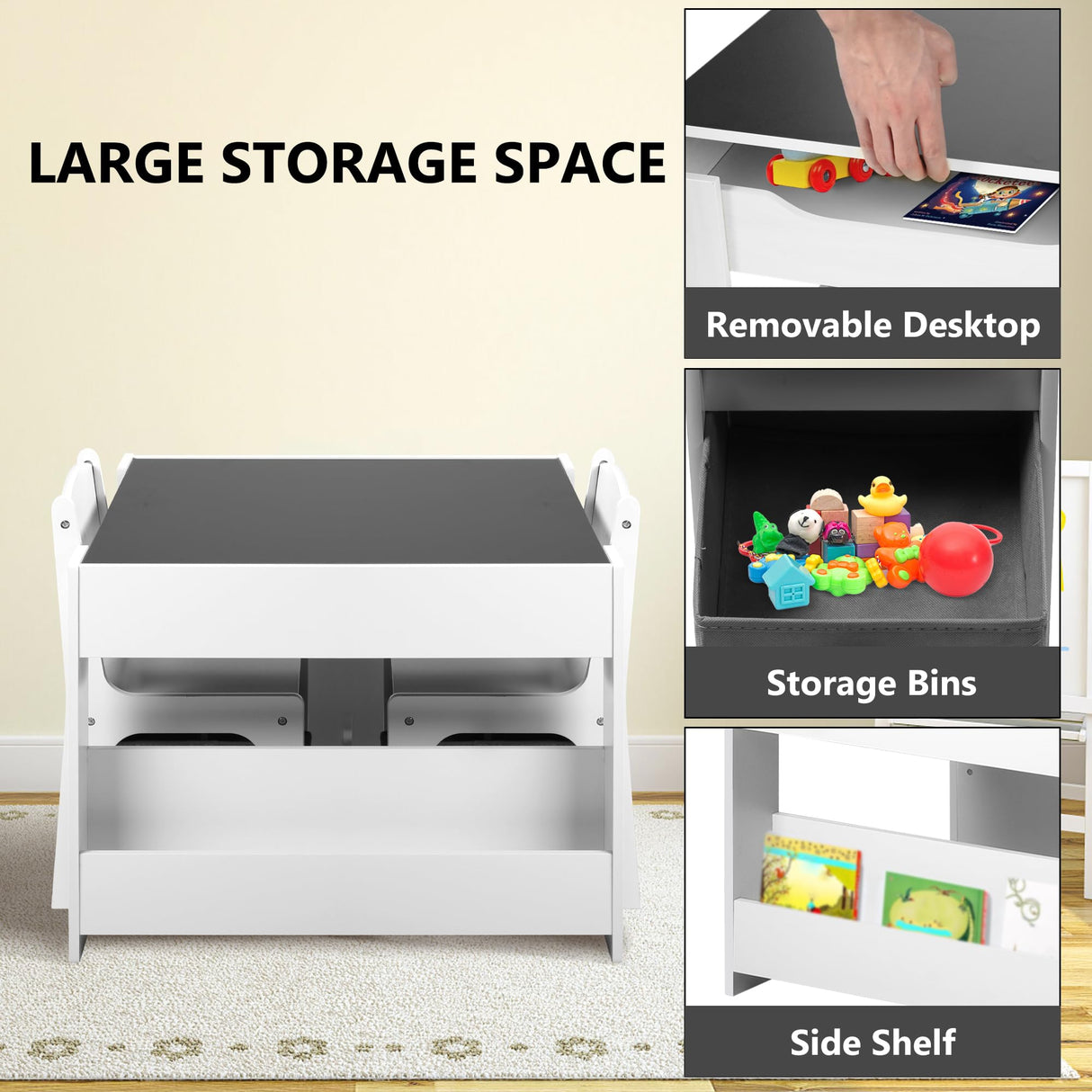 Kinder King Kids Wood Table & 2 Chairs Set, 4 in 1 Children Activity Table w/Double Bookcase, Blackboard, Toddler Furniture Set for Art, Crafts, Drawing, Reading, Playroom, Grey Kinder King