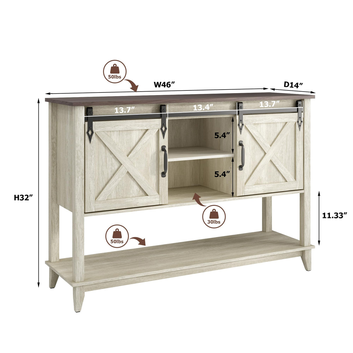 Vabches Entryway Table with 2 Sliding Barn Doors, 46" Farmhouse Console Table with Adjustable Storage Shelf, Sofa Table for Entryway, Hallway, Living Room, Metal Corner Trim & Handles, Rustic White Vabches