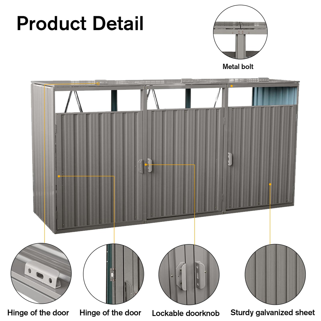 Outdoor Trash Can Storage, Storage Shed for 3 Trash cans and Tools,Waterproof Garbage Bin shed,Metal Trash Can Storage Shed Outdoor for Garden Yard(Light Grey-3 Doors) IMagacFun