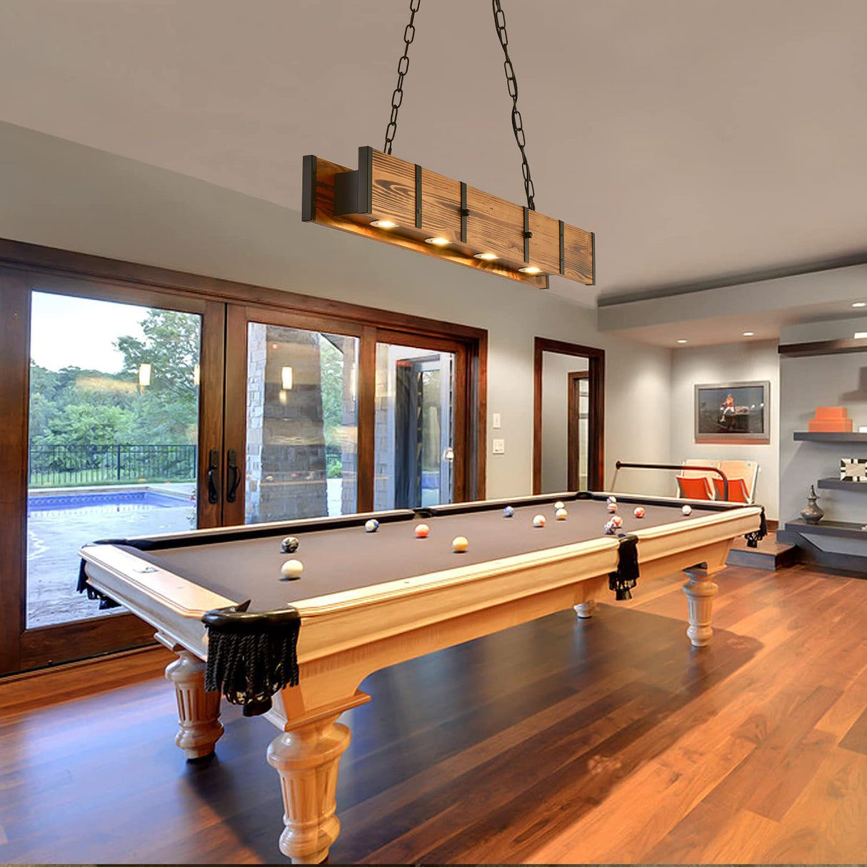 GUINGFBFIO Rustic Chandelier Farmhouse, Dining Room Light Fixtures Over Table with 4X3W LED Downlight, Wood Beam Light Fixture for Kitchen Island Bar Pool Table GUINGFBFIO