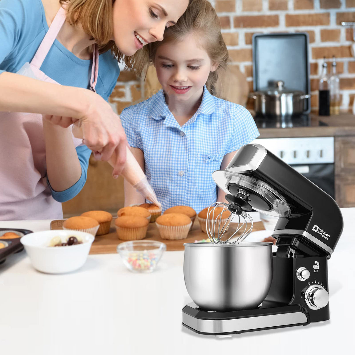 Kitchen in the box Stand Mixer,3.2Qt Small Electric Food Mixer,6 Speeds Portable Lightweight Kitchen Mixer for Daily Use with Egg Whisk,Dough Hook,Flat Beater (Black) Kitchen in the box