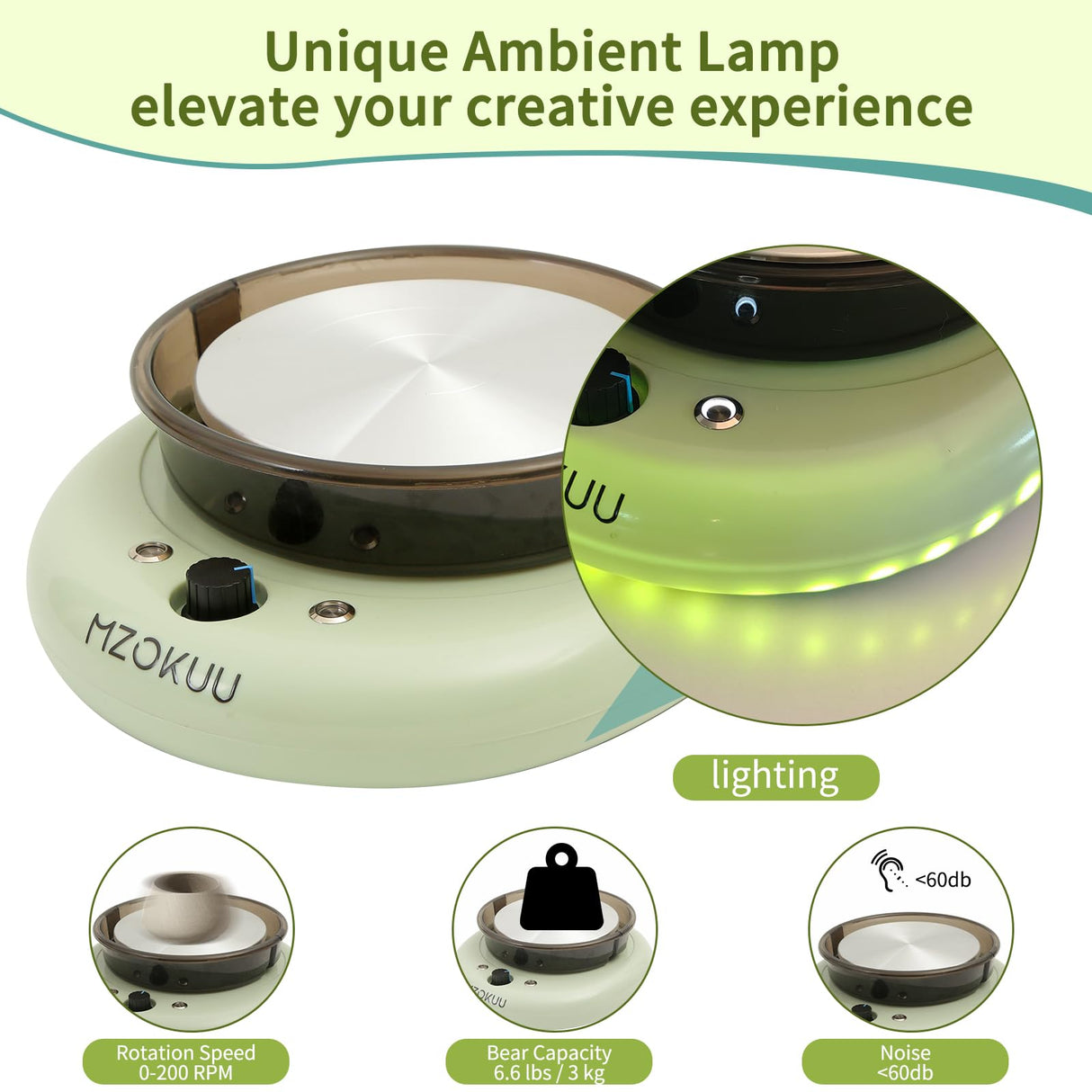 MZOKUU Pottery Wheel for Kids 6” Turntable Pottery Wheel with Led Ambient Light Adjustable Speed 2 Ways Rotation 18PCS Complete Pottery Wheel Kits ABS Detachable Basin Craft Gifts for Beginners/Adults MZOKUU