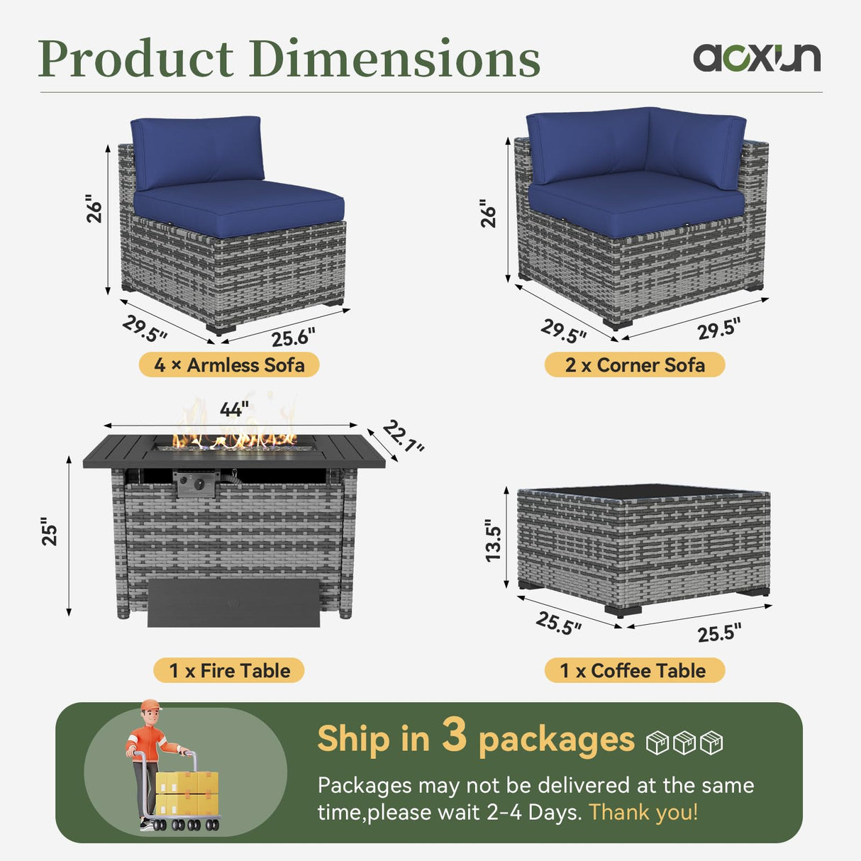 Aoxun 8 Piece Patio Furniture Set with 44” Fire Pit Table Paito Conversation Set Wicker Rattan Outdoor Sectional Sofa Set with Waterproof Cover and Thickened Cushions (Grey/Blue) Aoxun