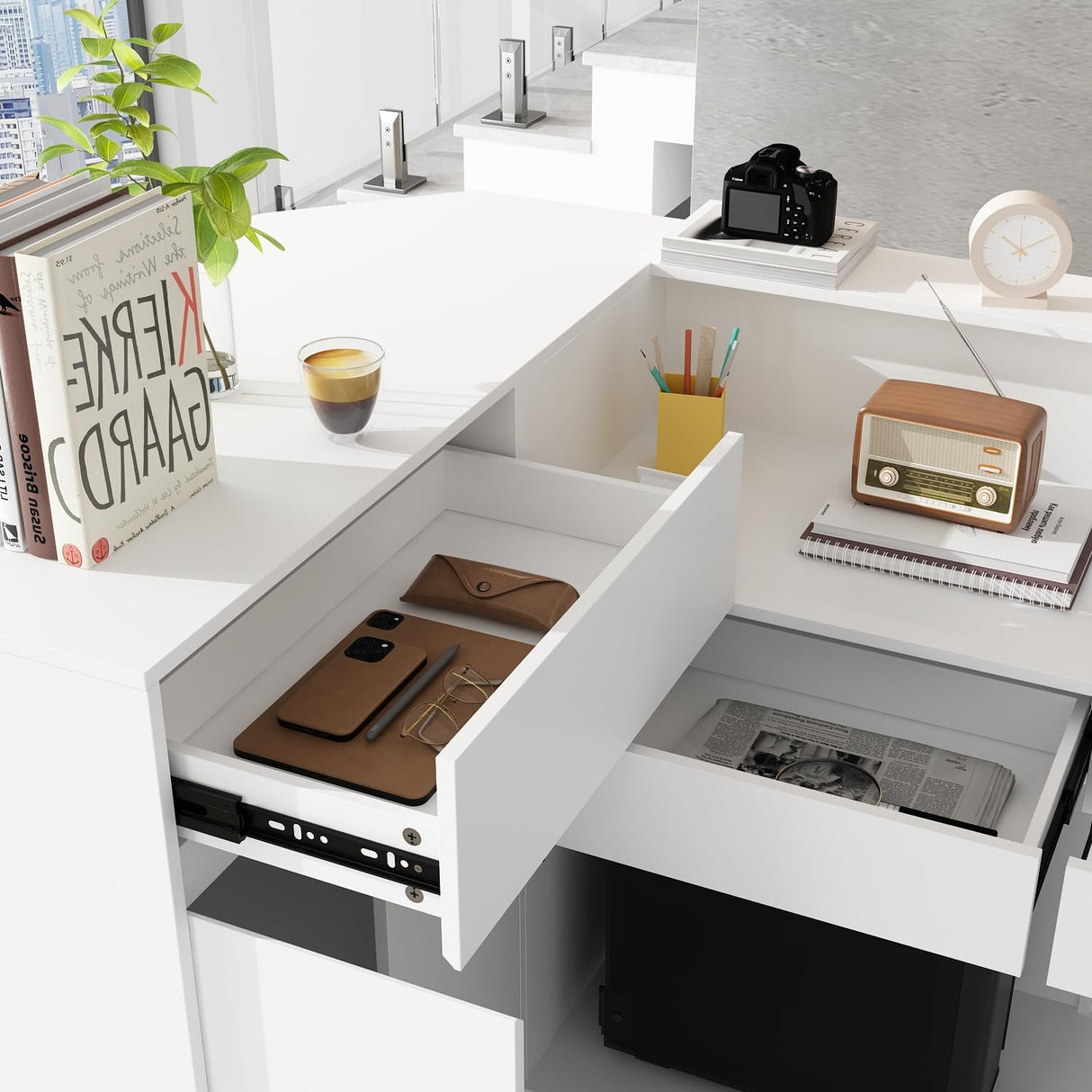 ECACAD Large L-Shaped Reception Desk with 3 Drawers, 15 Open Shelves, Counter Top & Monitor Stand, Office Desk Reception Counter Table with File Cabinet, White (70.9”L x 47.2”D x 39.43”H) ECACAD