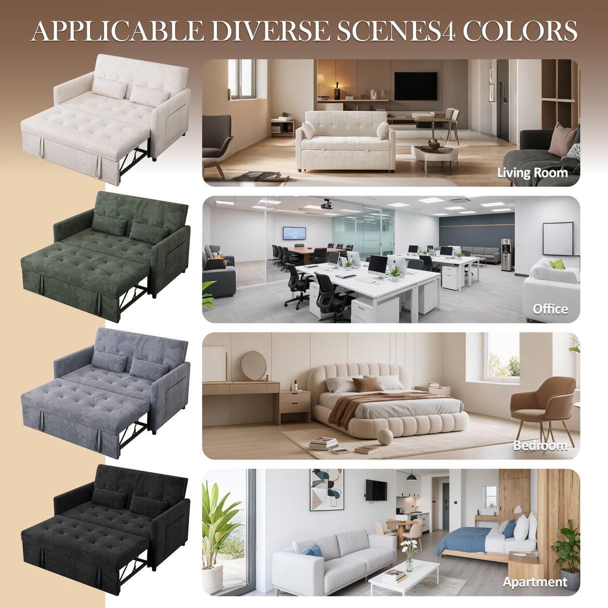 UXENAFANA Sofa Bed, Loveseat 3-in-1 Sleeper Sofa with Pull Out Bed, Pockets and USB, Modern 2 Seater Convertible Small Couch for Living Room Bedroom Apartment (Green, Corduroy) UXENAFANA