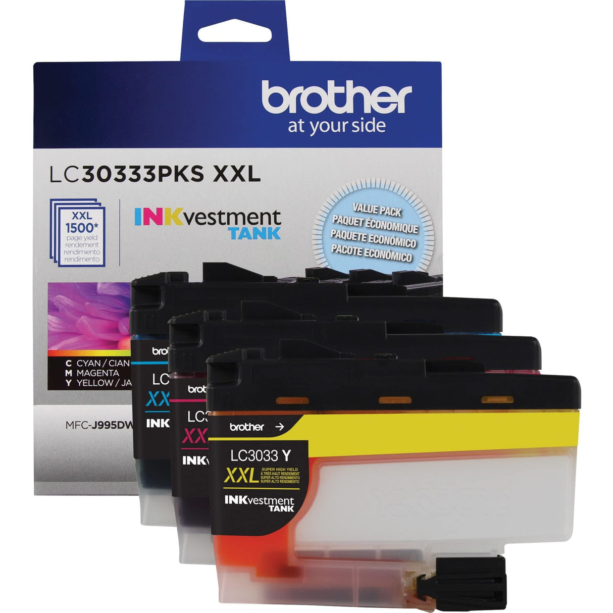 Brother Genuine LC30333PKS 3-Pack, Super High-yield Color INKvestment Tank Ink Cartridges; Includes 1 Cartridge each of Cyan, Magenta & Yellow, Page Yield Up to 1,500 Pages/Cartridge, LC3033 Brother