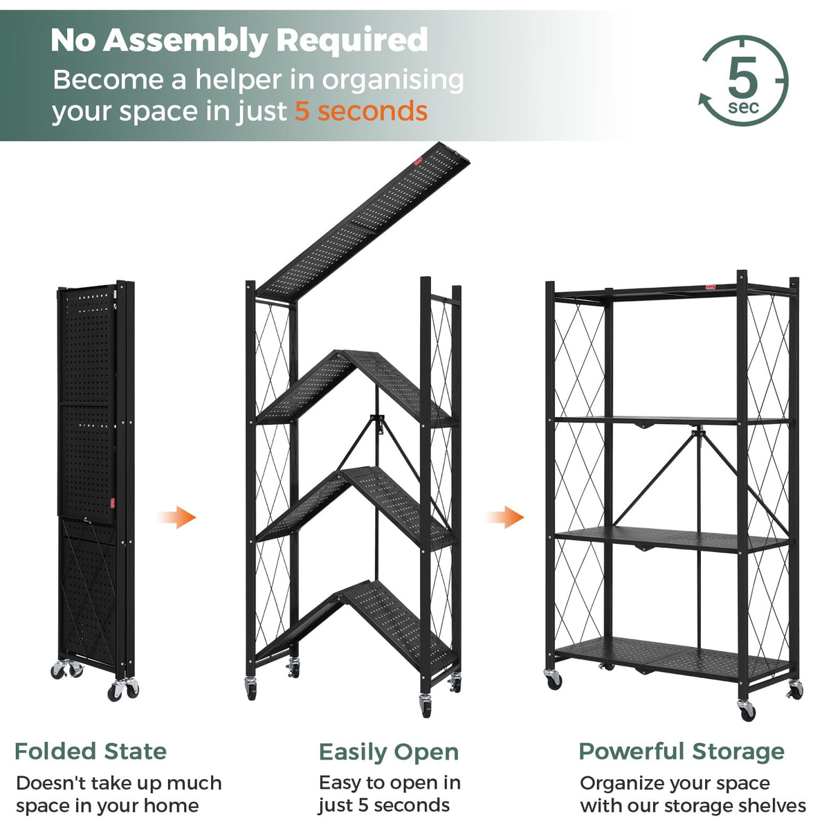 DEANIC 4 Tier Foldable Storage Shelves with Wheels, Large Capacity Shelving Unit, Freestanding Metal Wire Shelf Rack, No Assembly Organizer Rack for Garage Kitchen, Basement, Pantry(Black Pack of 2) DEANIC