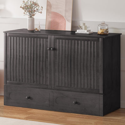 BALUS Murphy Cabinet Bed, Queen Size Cabinet Chest Bed with USB Charging Station, Tri-Fold Mattress, 2 Storage Drawers Modern Convertible Wooden Wall Beds for Apartment Bedroom - Dark Grey