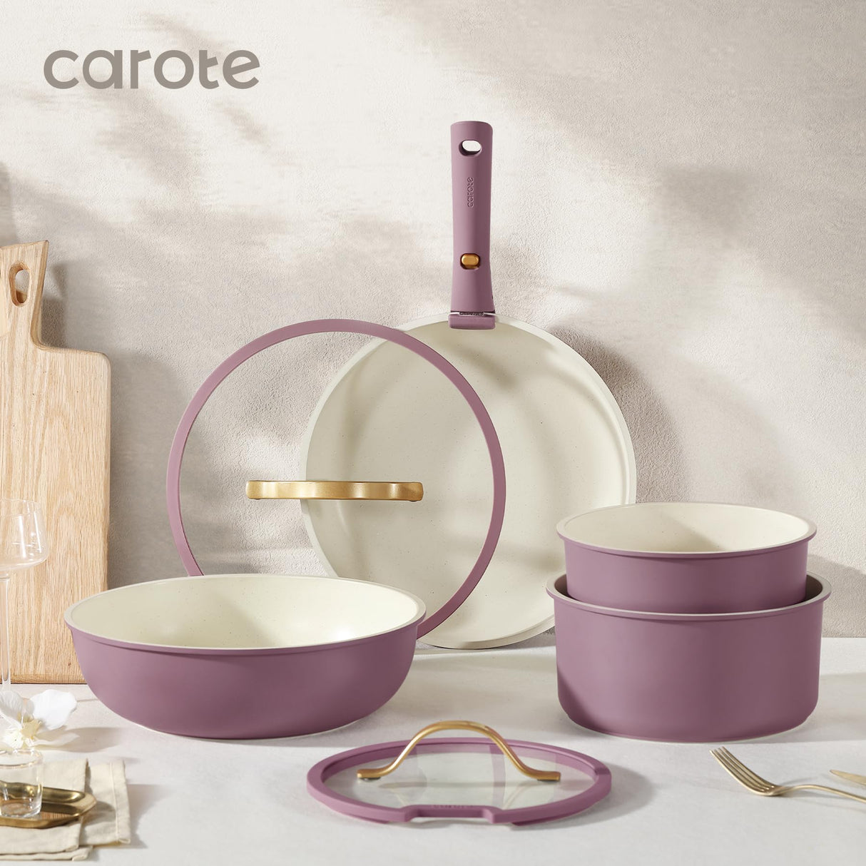 CAROTE 19pcs Pots and Pans Set, Nonstick Cookware Set Detachable Handle, Induction Kitchen Cookware Sets Non Stick with Removable Handle, RV Cookware Set, Gold and Purple CAROTE