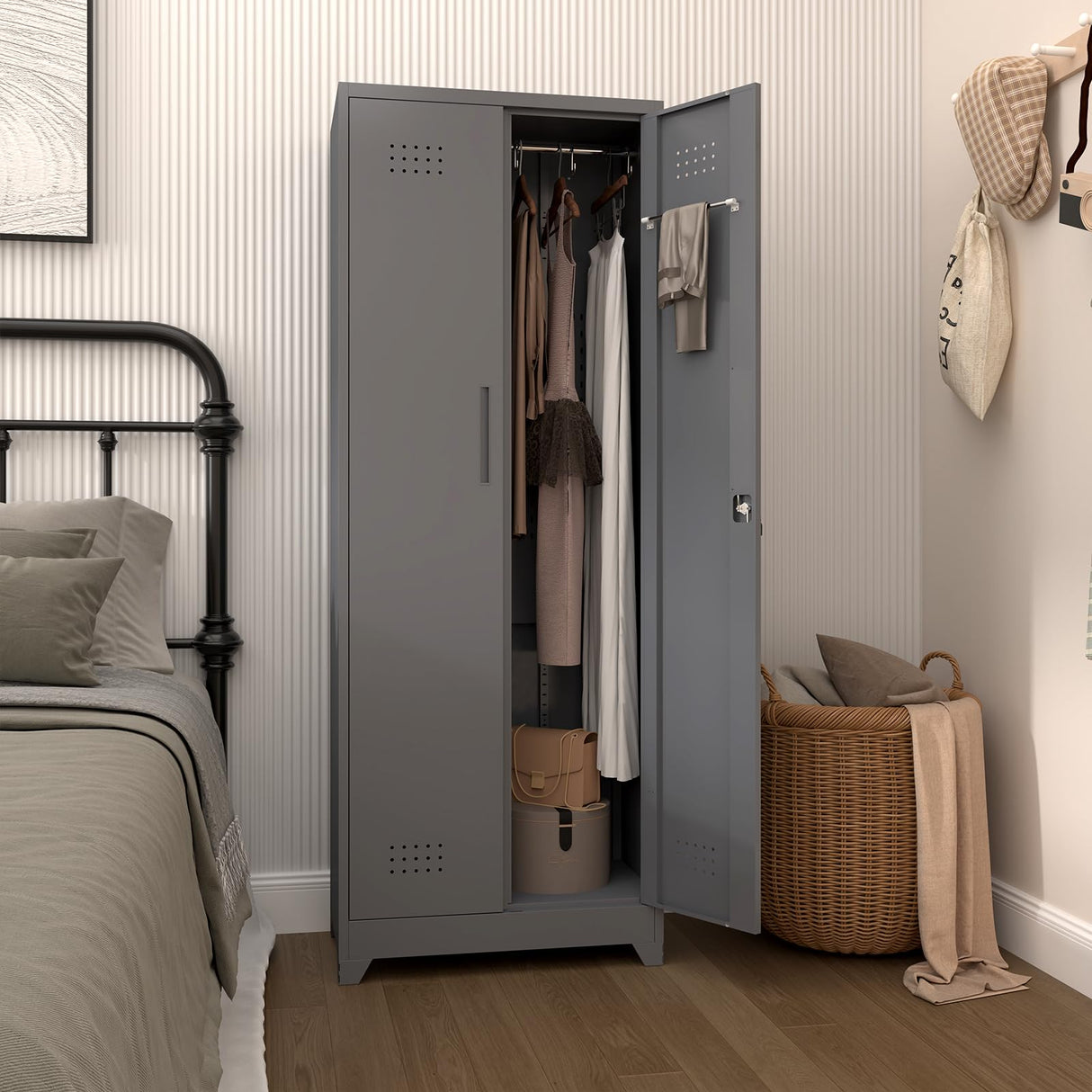 STEELIST Metal Storage Cabinet with Locking Doors, Steel Broom Storage Cabinet with Hanging Rod, 65" Cleaning Storage Cabinet with 4 Shelves, Broom Tool Storage Cabinet for Office, Garage STEELIST