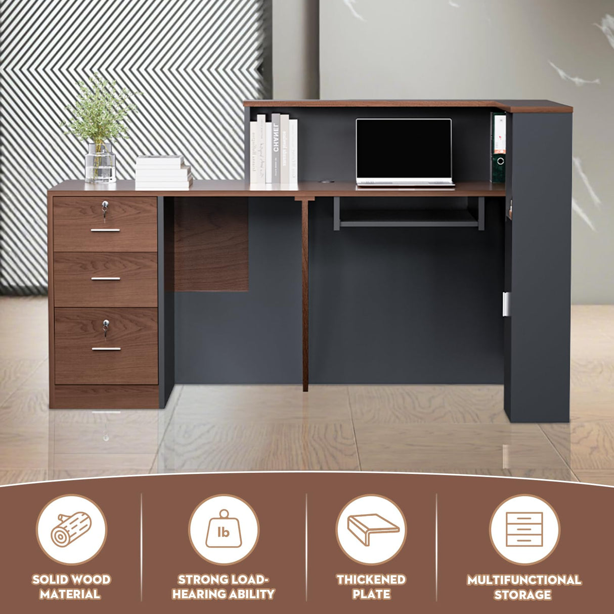 L-Shaped Large Wooden Reception Desk, Modern Front Desk Reception Counter with Lockable Drawers & Storage & Keyboard Tray, for Checkout, Lobby (Left-Walnut/Black, 71''L x 42''W x 41''H) Yorkgargen