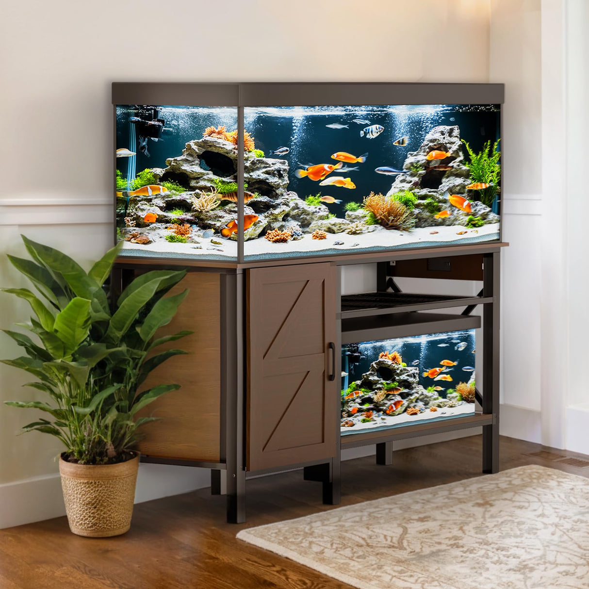 PAWZOO 55-75 Gallon Fish Tank Stand - Heavy Duty Aquarium Stand with Power Outlets, Cabinet for Fish Tank Accessories Storage, Metal Frame, Suitable for Fish Tank, Turtle Tank, 880LBS Capacity, Brown PAWZOO