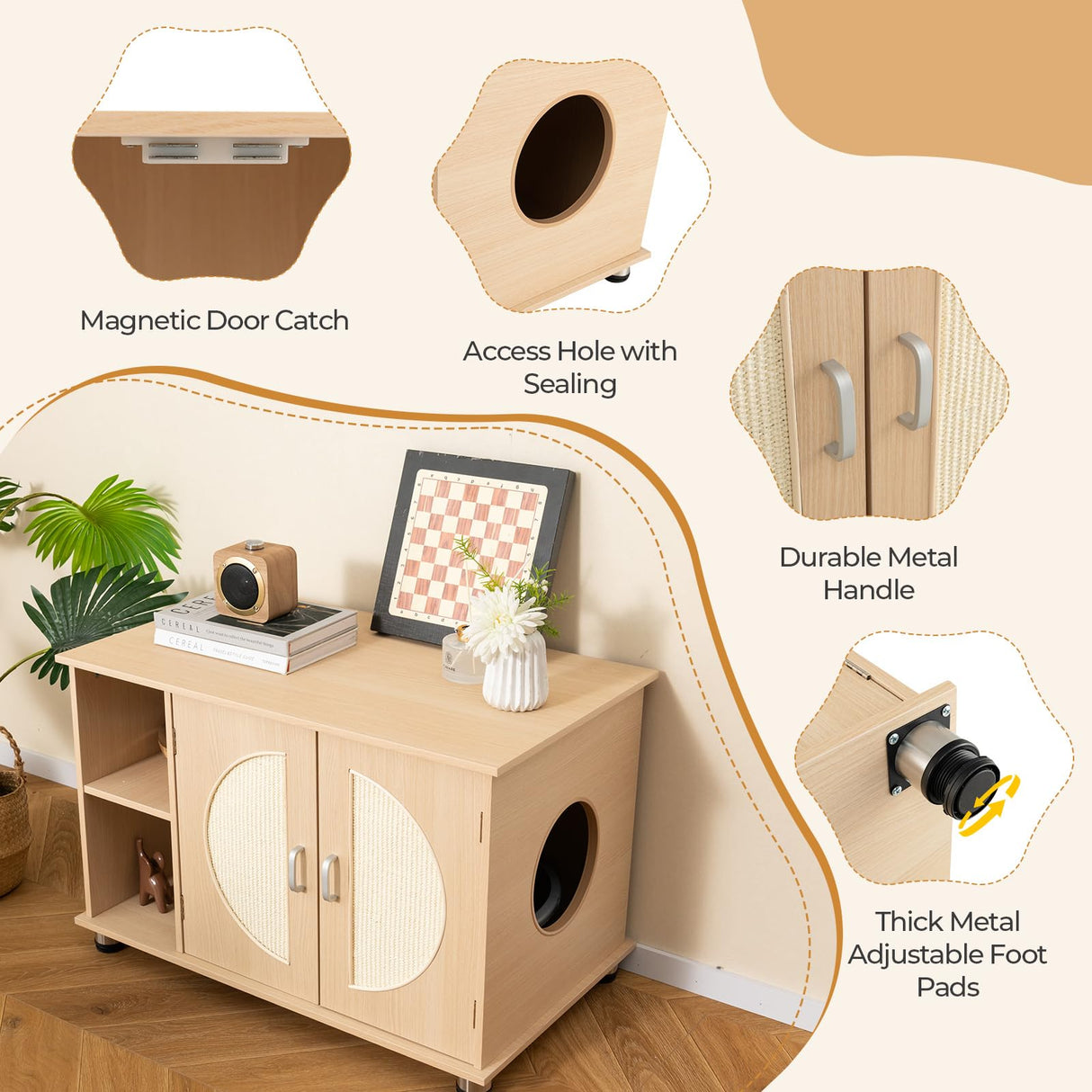 Tangkula Cat Litter Box Enclosure, Hidden Cat Washroom with Storage Shelf, Sisal Scratching Doors, Adjustable Metal Feet, Modern Cat Litter Cabinet Storage Bench, Hidden Litter Box Furniture (Natural) Tangkula