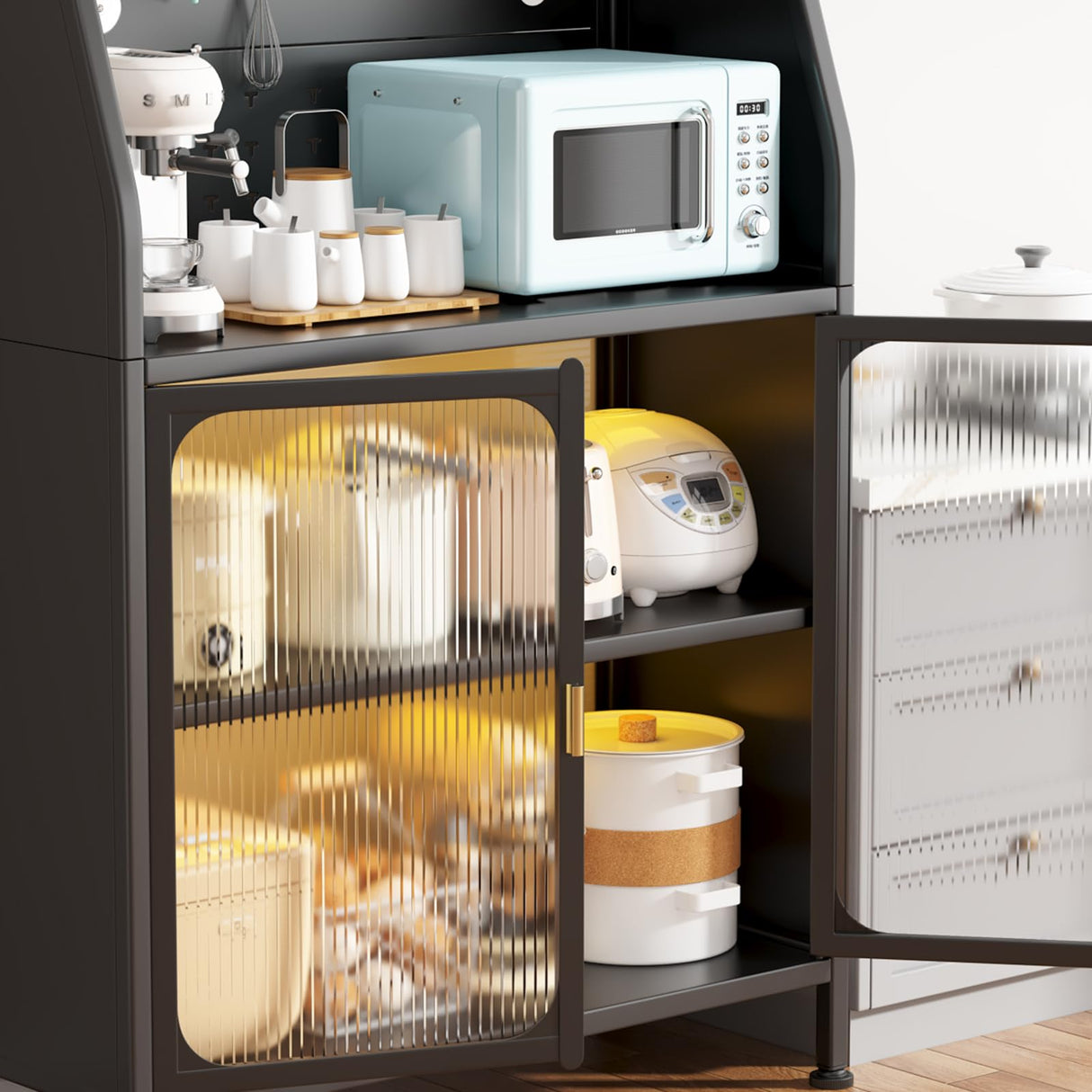 haiorjun Bakers Rack with Storage Cabinet, 66" Tall Kitchen Pantry Cabinet with Microwave Stand, Wheels, Doors and Metal Pegboard Panels for Living Room, Dining Room,Black haiorjun