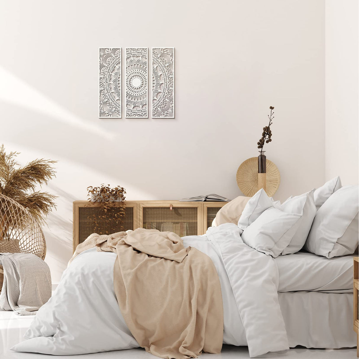 Blulu 3pcs Mandala Wall Art Carved Wood Wall Art Floral Aesthetic Wooden Plaque Set Wood Carving Decor Farmhouse Modern Cutout Plaque for Home Bathroom Decoration(15.8 x 5.1 Inch,White) Blulu