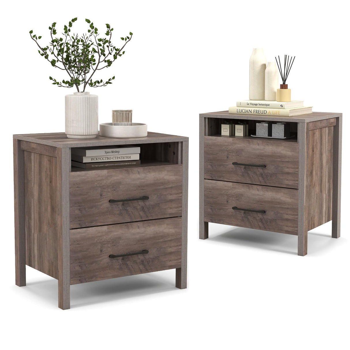 Giantex Farmhouse Nightstand Set of 2, Rustic Wood Bedside Table with 2 Storage Drawers & Open Shelf, Sofa Side Table, Versatile Night Stand for Bedroom, Grey Giantex