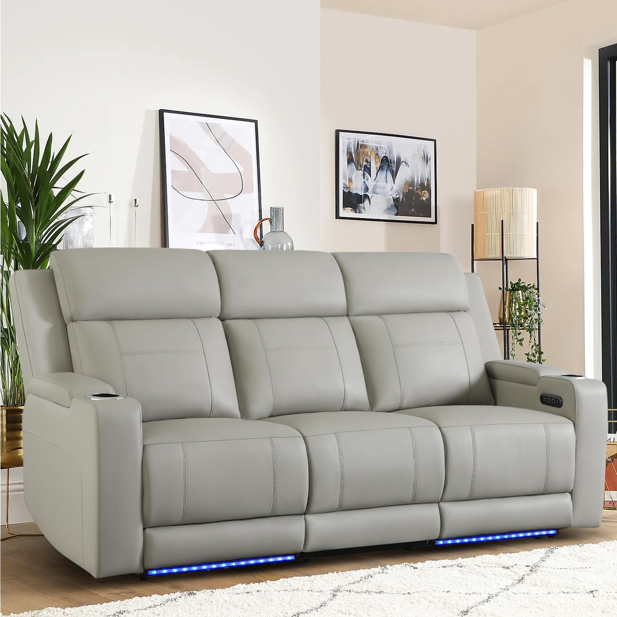P.H.Furn Power Recliner Sofa, Home Theater Seating with Adjustable Headrest, Blue LED Lighting, Reclining Loveseat, Flip-Up Backrest Storage, Multi-Port Charger, Cup Holder, USB P.H.Furn