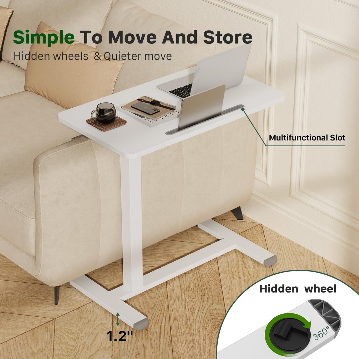 Gibbon Mounts Mobile Standing Desk, Pneumatic Adjustable Rolling Desk(27.5 Inches), Portable Laptop Desk with Wheels, Overbed Bedside Table Laptop Table for Couch, Home, Office, White Gibbon Mounts