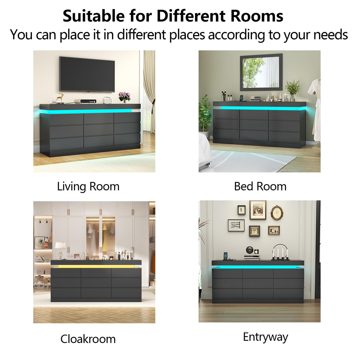 9 Drawer Dresser with Power Outlet, Dresser with LED Light, Modern Chest of Drawers for Closet, Double Wide Drawer Organizer Cabinet for Bedroom, Living Room, Entryway, Hallway (Black, 9 Drawers) Gyfimoie