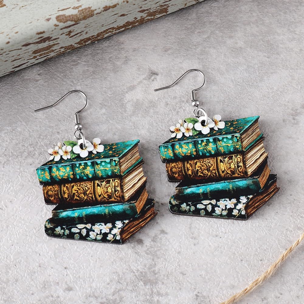 Handmade Wooden Stackable Book Dangle Earrings Lightweight Teacher Student Stack of Books Reading Earrings for Women Librarian Teachers Appreciation Day Gifts Graduation Back to School Jewelry-Style B Caiyao