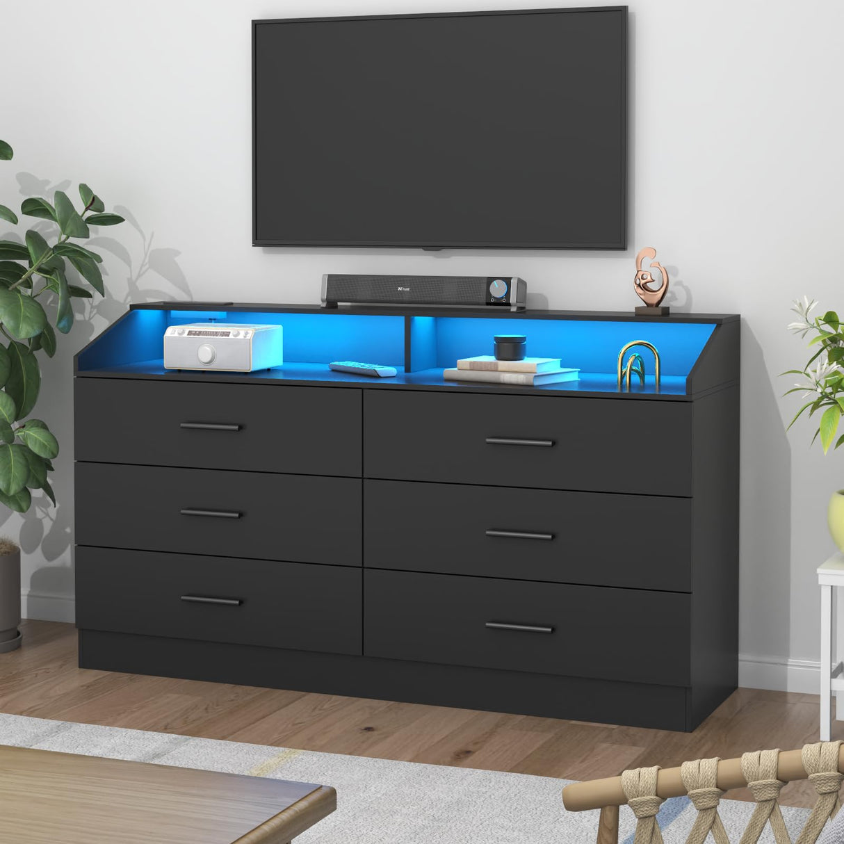 6 Drawers Dresser, Dresser for Bedroom with Power Outlet, Modern Chest of Drawers with LED Light, Storage Dresser with Open Storage Cubby, Dresser Organizer for Closet, Entryway, Living Room, Black Auromie