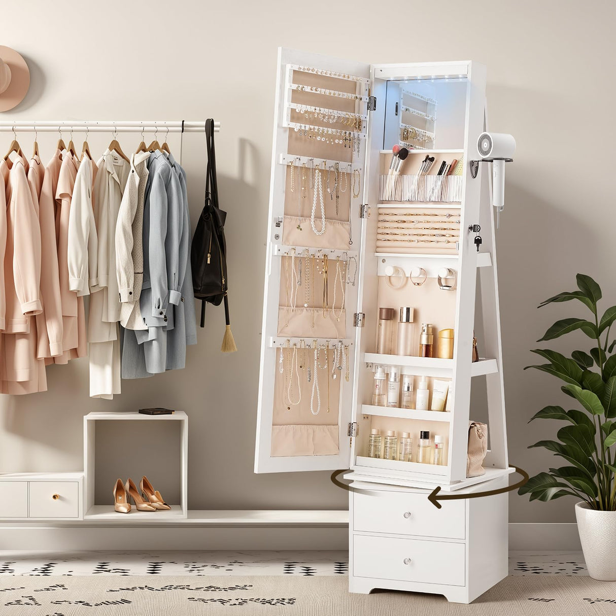 HOOBRO 360° Swivel Jewelry Cabinet with LED Lights, Standing Jewelry Armoire with 2 Drawers, Full-Length Mirrored Jewelry Organizer, Lockable Jewelry Cabinet, Makeup Brush Boxes, White WT05JC04 HOOBRO