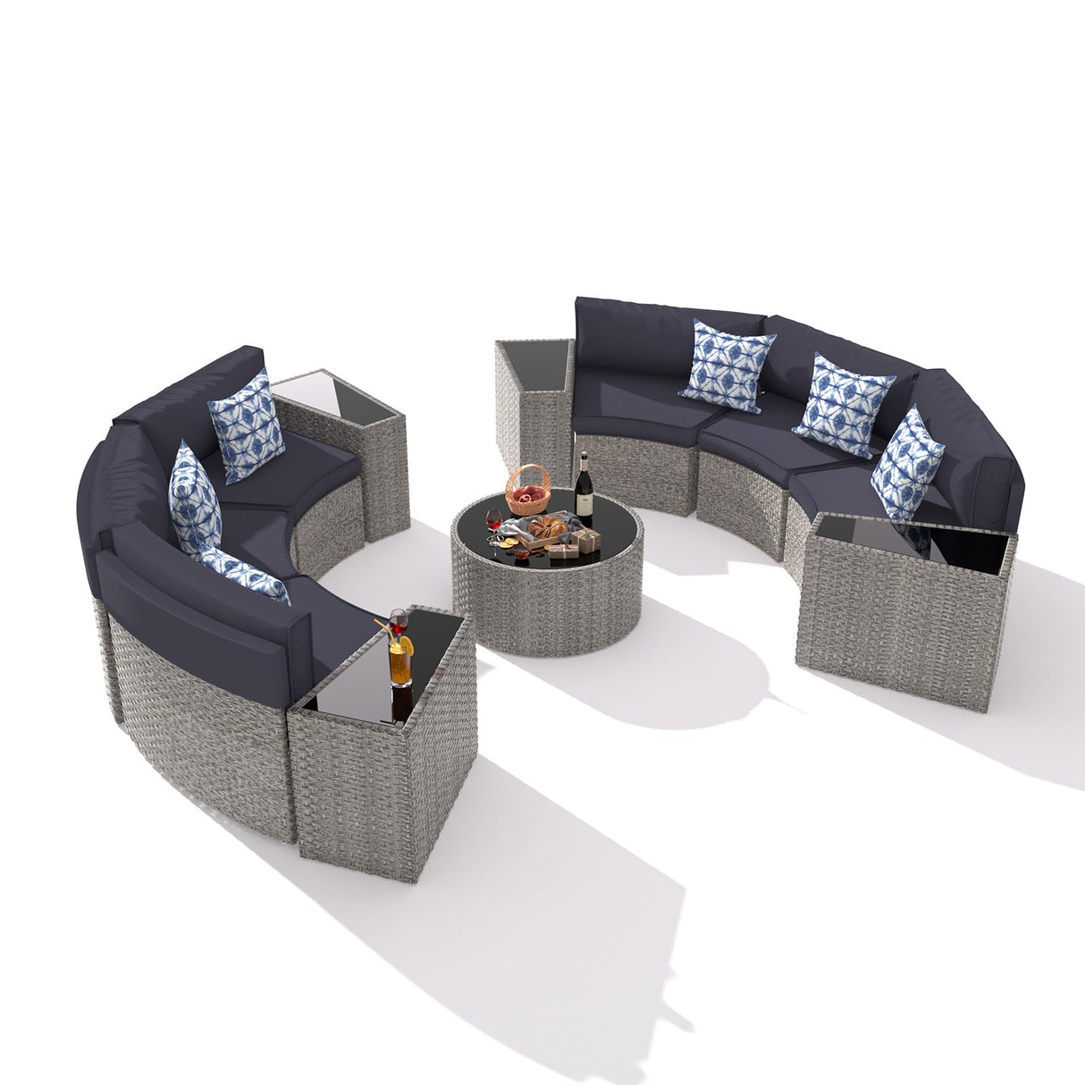 UDPATIO Patio Furniture Set Integrated Outdoor Sectional 11 Pieces Grey Rattan Modular Curved Sofa Set with Wicker Round Coffee Table,Side Table,6Pillows,Fit for Backyard,Pool,Balcony,Sunroom(Blue) UDPATIO