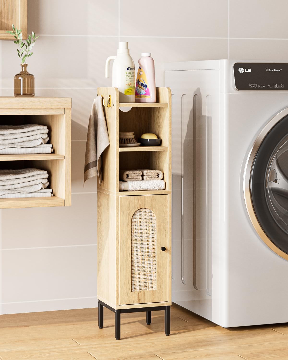 AEPOALUA Bathroom Storage Cabinet, Small Corner Floor Hutch with 2Hooks,Narrow Toilet Paper Cabinet with Rattan Door,Bathroom Organizer with Adjustable Shelf, for Small Spaces,Oak AEPOALUA