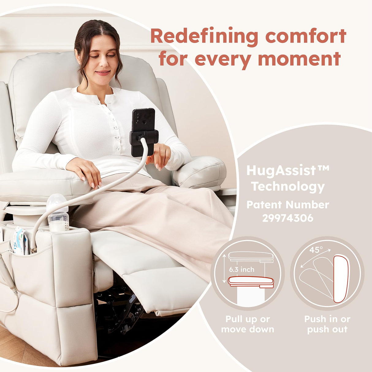 Triple Motor Power Swivel Rocker Recliner Chair with Adjustable Armrests for Adults Elderly, FSC Certified Faux Leather Rocking Chair Nursery for Breastfeeding(White) MAMAZING