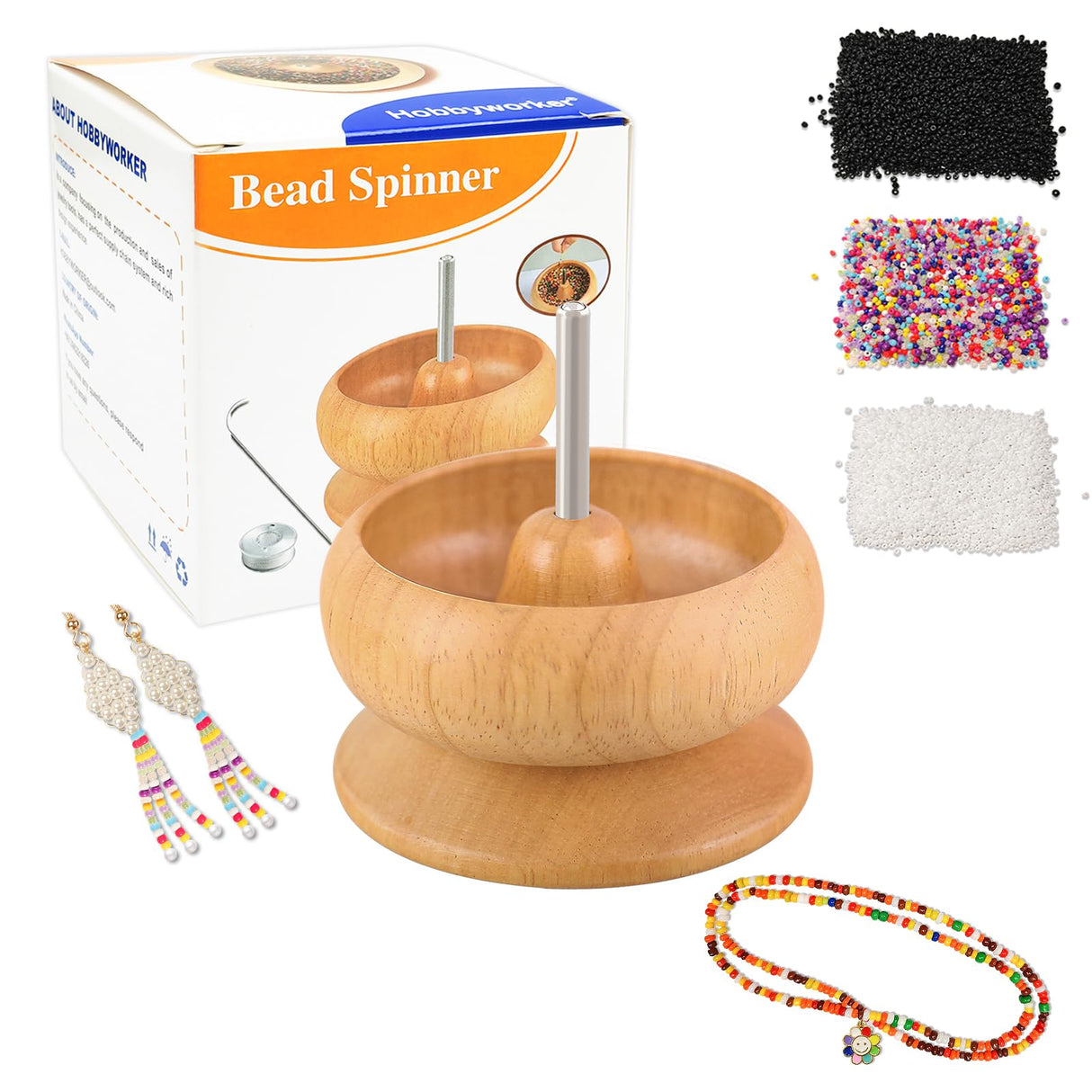 hobbyworker Upgrade Wooden Bead Spinner with 2 Pcs Big Needles,8000 Pcs Seed Beads and 1 Surprise Gift Pack for Jewelry Making Tools,Quickly Stringing Beads Tool, Manual Operated hobbyworker