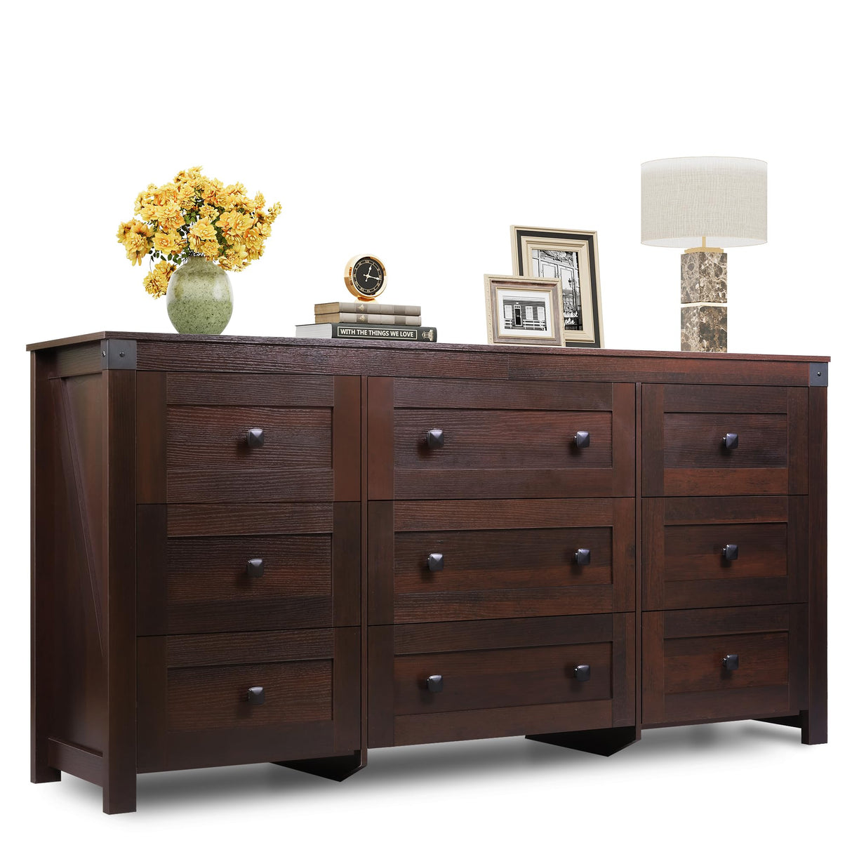 WLIVE Farmhouse Dresser for Bedroom, 63" Wide 9 Drawer Dresser Storage Organizer, Wood Chest of Drawers for Bedroom, TV Stand for 70 inch TV for Living Room, Hallway, Ball Bearing Slide (Brown) WLIVE