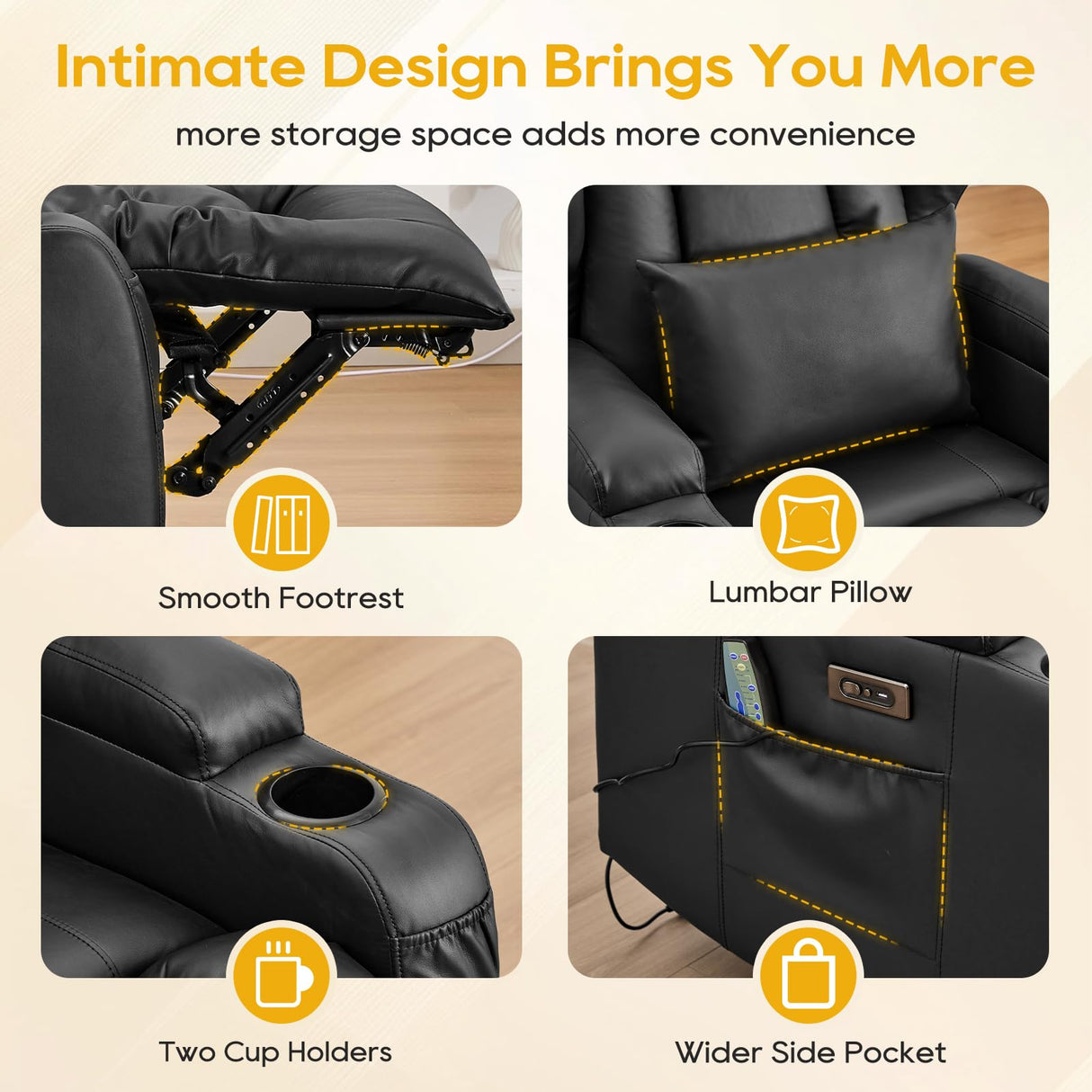 IPKIG Power Recliner Chair with Massage and Heat, Electric Recliner for Living Room, Home Theater, Bedroom, with LED Lights, USB Charger, Cup Holders, Side Pockets & Lumbar Pillow (1, Black) IPKIG