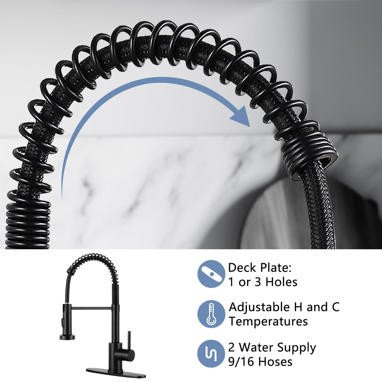 DJS Kitchen Faucets with Pull Down Sprayer Matte Black - Dual Mode Setting Single Handle 1 or 3 Holes Commercial Black Kitchen Sink Faucet with Deck Plate for Farmhouse RV Vessel Basin DJS
