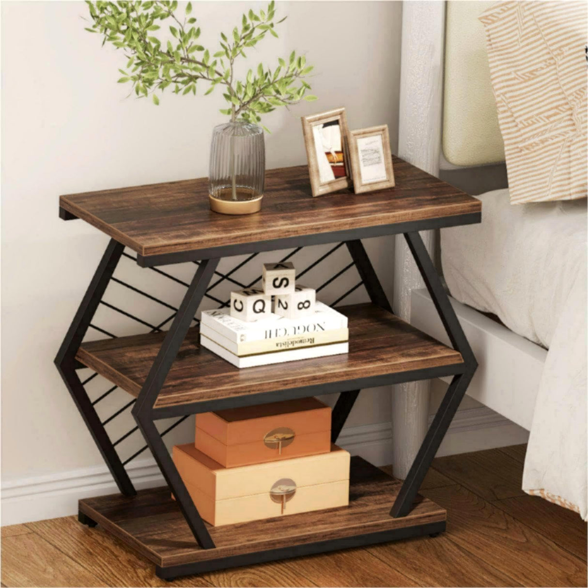 Tribesigns End Table, Industrial Side Table with 3 Storage Shelves, Wood Sofa Side Table with Geometric Metal Frame, Bedside Table for Living Room, Bedroom (1PC, Rustic Brown) Tribesigns